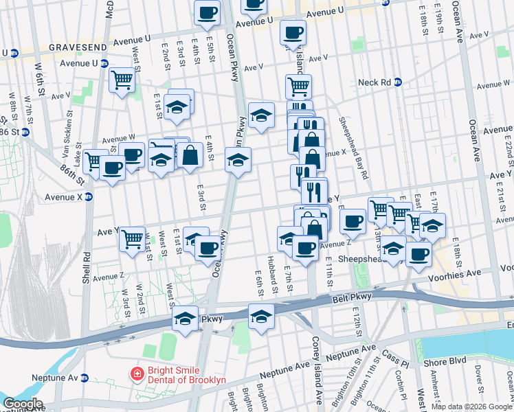 map of restaurants, bars, coffee shops, grocery stores, and more near 2444 Hubbard Street in Brooklyn