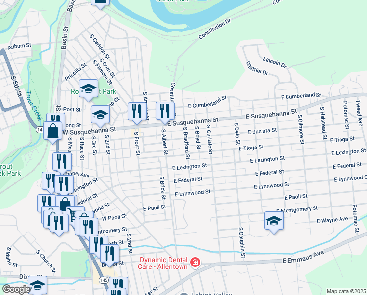 map of restaurants, bars, coffee shops, grocery stores, and more near 202 East Juniata Street in Allentown