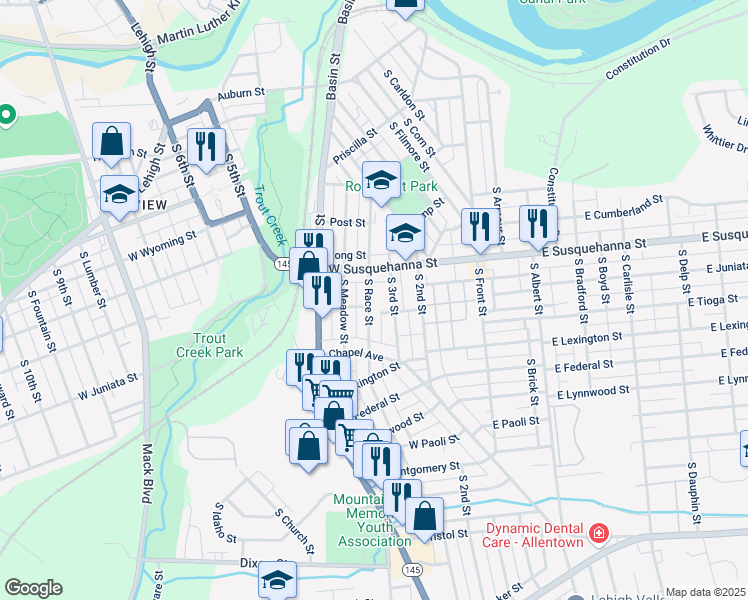 map of restaurants, bars, coffee shops, grocery stores, and more near 312 West Susquehanna Street in Allentown