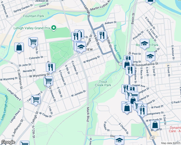 map of restaurants, bars, coffee shops, grocery stores, and more near 1033 South Hall Street in Allentown