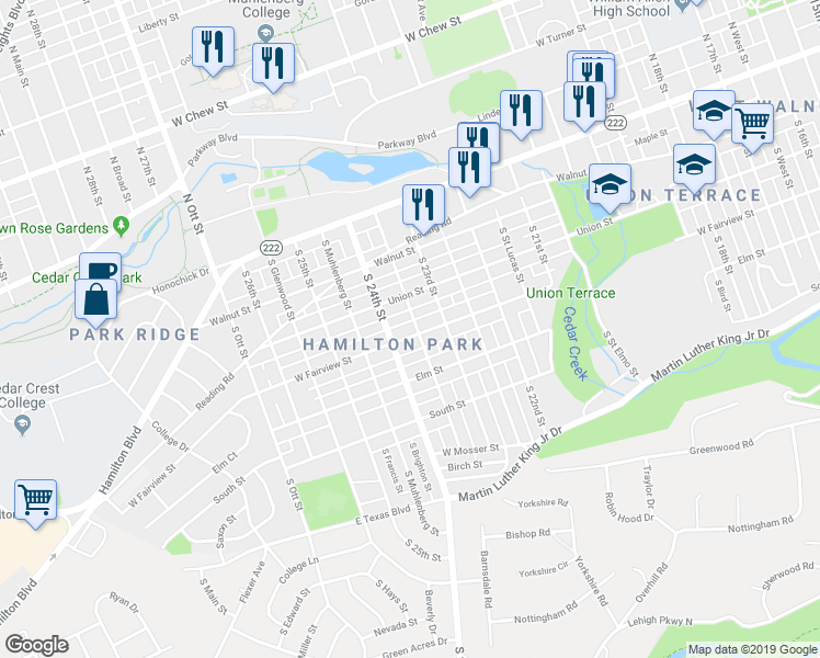 map of restaurants, bars, coffee shops, grocery stores, and more near 2302 Union Street in Allentown