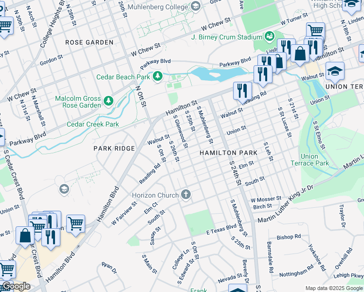 map of restaurants, bars, coffee shops, grocery stores, and more near 2540 Walnut Street in Allentown