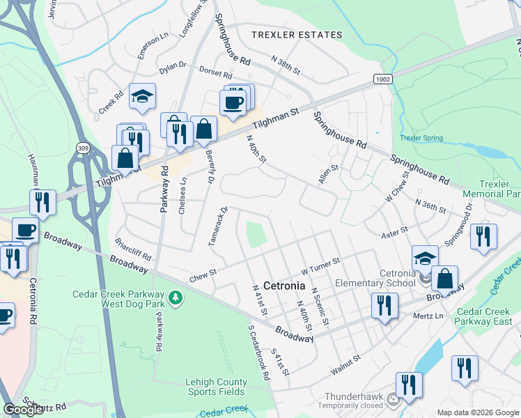 map of restaurants, bars, coffee shops, grocery stores, and more near 4068 Primrose Drive in Allentown