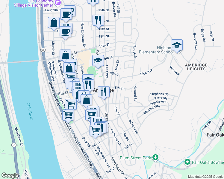 map of restaurants, bars, coffee shops, grocery stores, and more near 818 Duss Avenue in Ambridge