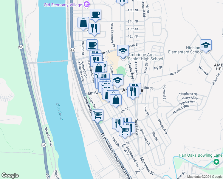 map of restaurants, bars, coffee shops, grocery stores, and more near 820 Glenwood Avenue in Ambridge