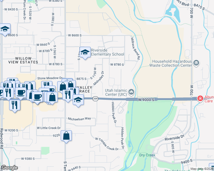 map of restaurants, bars, coffee shops, grocery stores, and more near 8881 1095 West in West Jordan