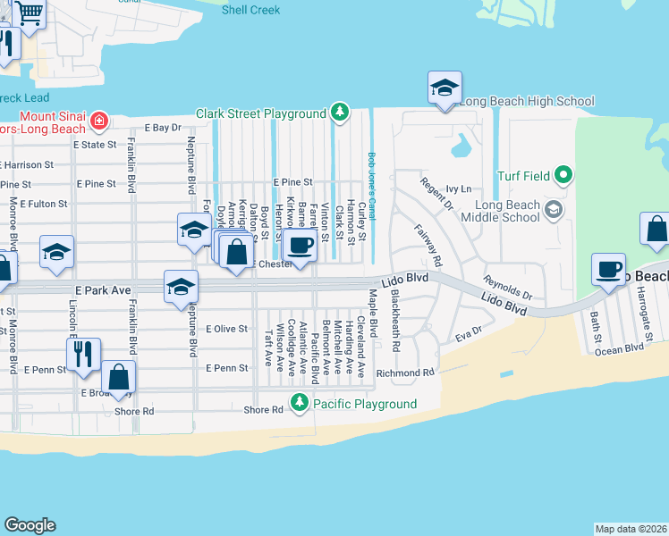 map of restaurants, bars, coffee shops, grocery stores, and more near in East Atlantic Beach