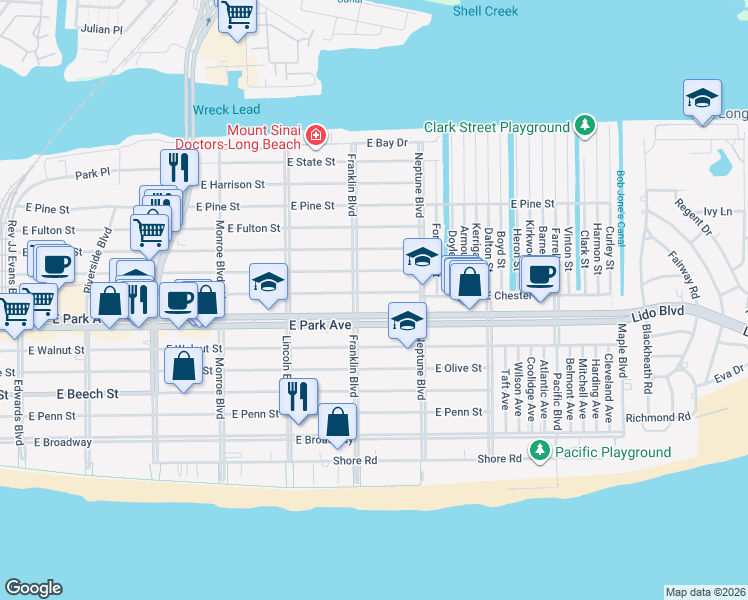 map of restaurants, bars, coffee shops, grocery stores, and more near 532 East Market Street in Long Beach