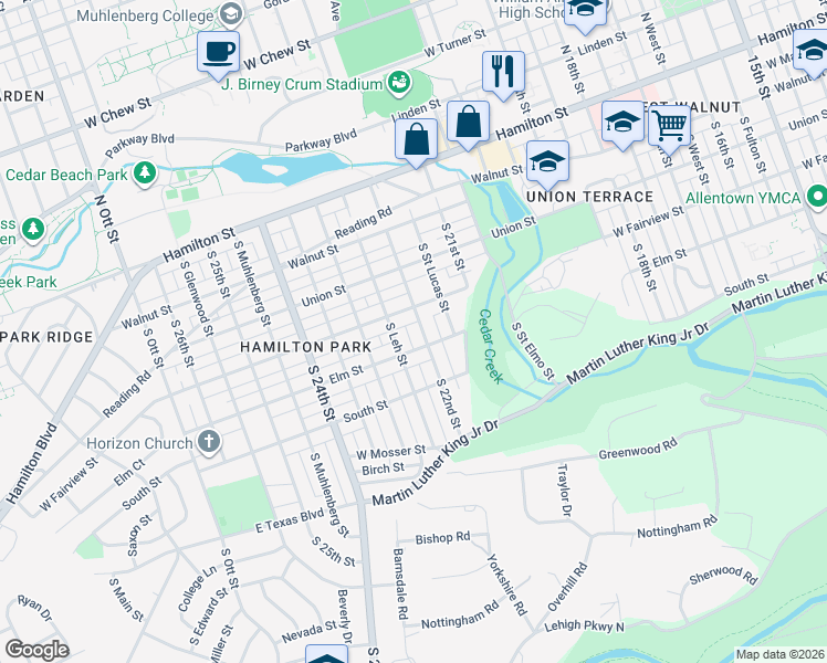 map of restaurants, bars, coffee shops, grocery stores, and more near 2203 West Fairview Street in Allentown