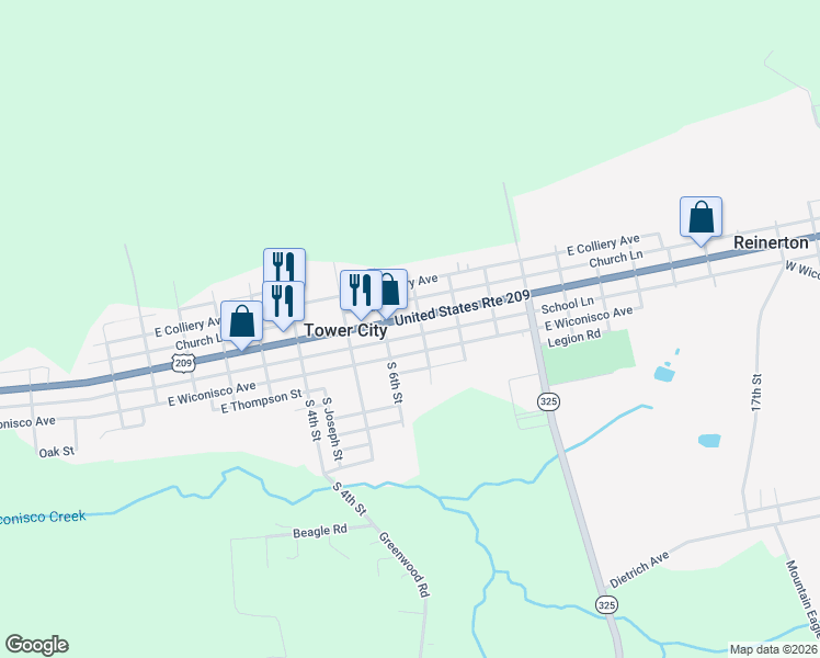 map of restaurants, bars, coffee shops, grocery stores, and more near 701 East Grand Avenue in Tower City