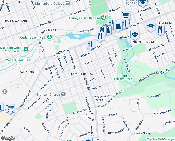 map of restaurants, bars, coffee shops, grocery stores, and more near 213 South Berks Street in Allentown