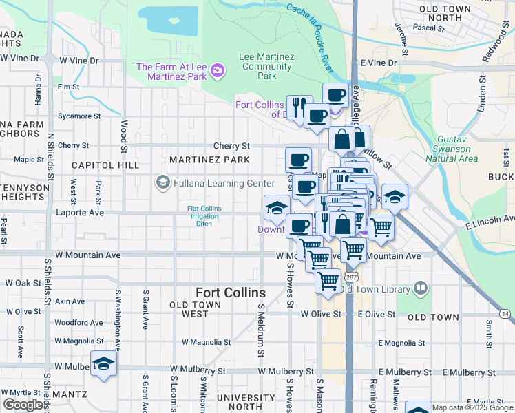 map of restaurants, bars, coffee shops, grocery stores, and more near in Fort Collins