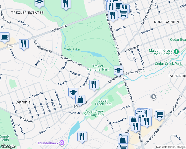 map of restaurants, bars, coffee shops, grocery stores, and more near 194 Springhouse Road in Allentown