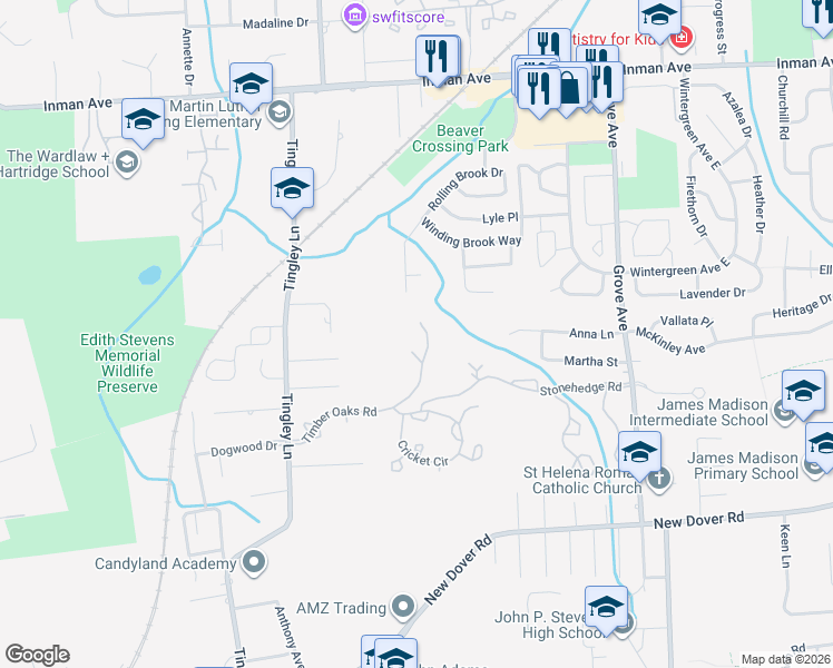 map of restaurants, bars, coffee shops, grocery stores, and more near 1502 Timber Oaks Road in Edison