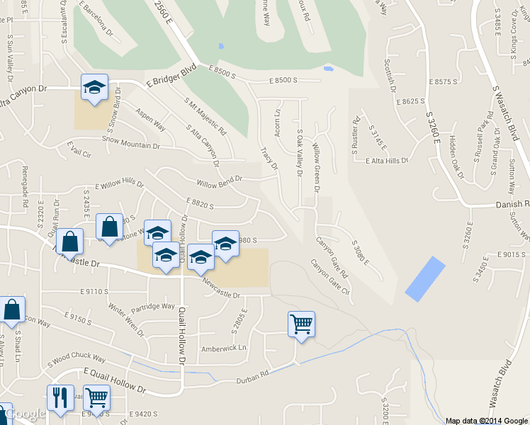 map of restaurants, bars, coffee shops, grocery stores, and more near 8916 South Cobble Crest Lane in Sandy