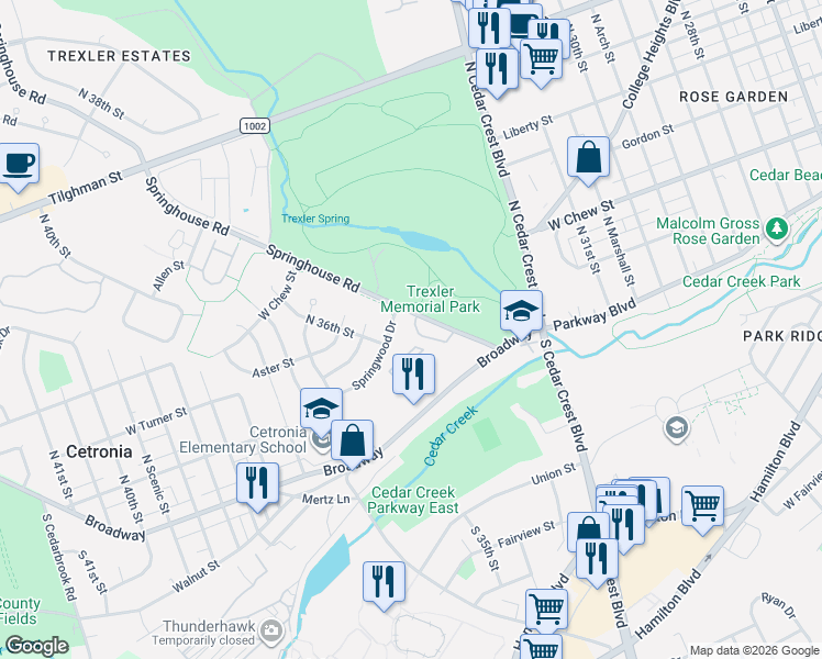 map of restaurants, bars, coffee shops, grocery stores, and more near 125-193 Springhouse Road in Allentown