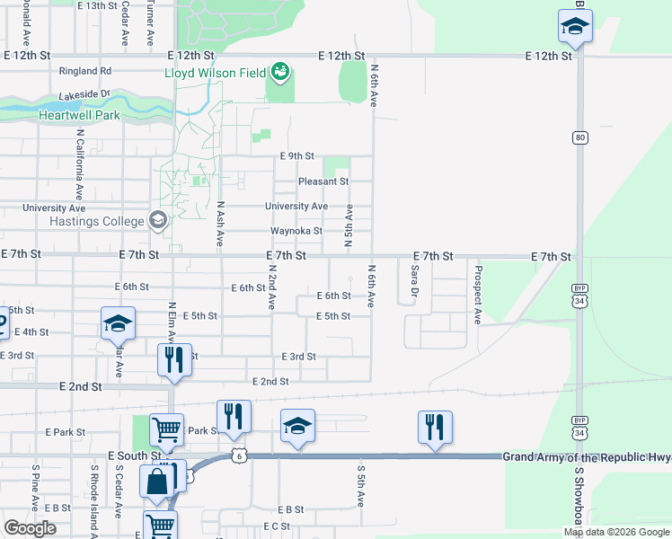 map of restaurants, bars, coffee shops, grocery stores, and more near 700-732 North 5th Avenue in Hastings