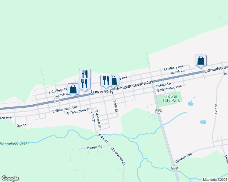 map of restaurants, bars, coffee shops, grocery stores, and more near 608 East Grand Avenue in Tower City