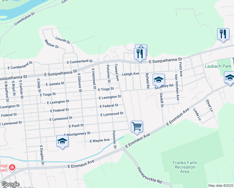 map of restaurants, bars, coffee shops, grocery stores, and more near 943 East Lexington Street in Allentown