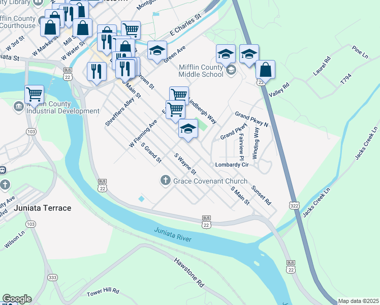 map of restaurants, bars, coffee shops, grocery stores, and more near 614 South Main Street in Lewistown