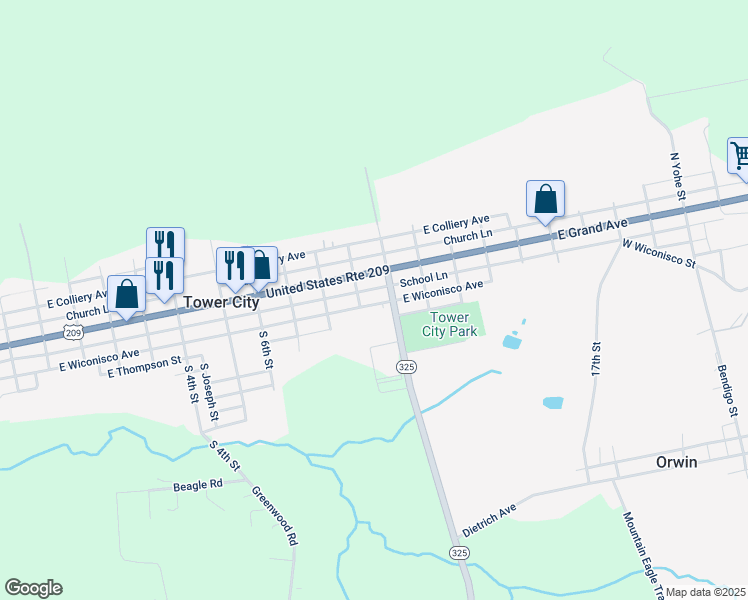 map of restaurants, bars, coffee shops, grocery stores, and more near 917 East Wiconisco Avenue in Tower City