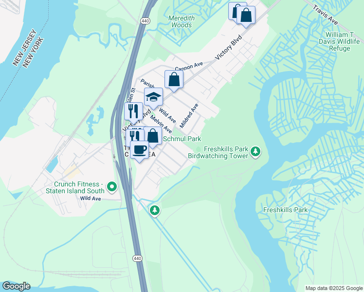 map of restaurants, bars, coffee shops, grocery stores, and more near 174 Wild Avenue in Staten Island