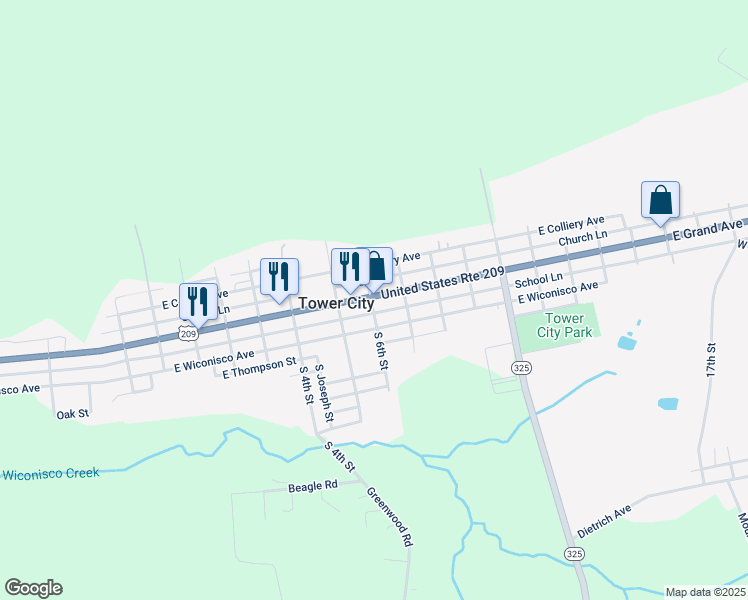 map of restaurants, bars, coffee shops, grocery stores, and more near 608 East Grand Avenue in Tower City