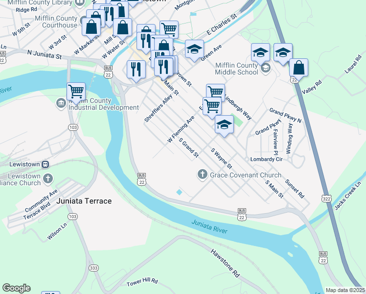 map of restaurants, bars, coffee shops, grocery stores, and more near 512 South Grand Street in Lewistown