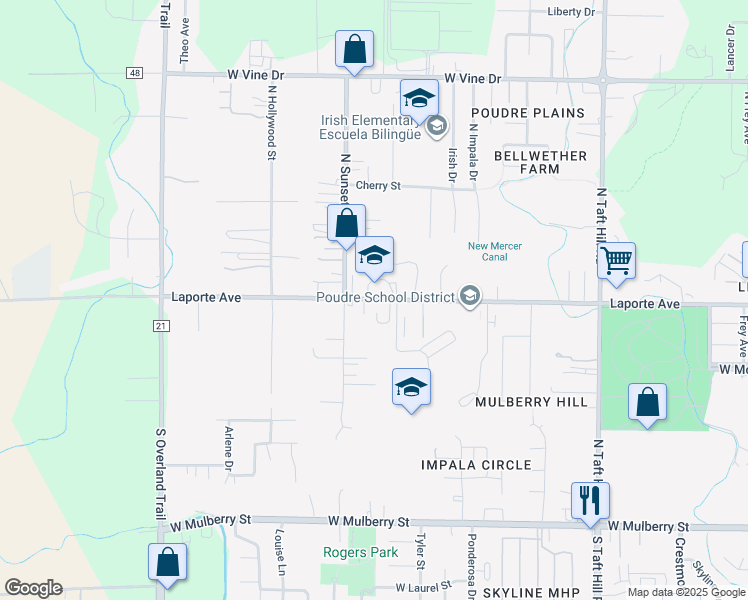 map of restaurants, bars, coffee shops, grocery stores, and more near 2540 Laporte Avenue in Fort Collins