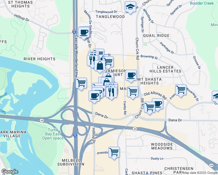 map of restaurants, bars, coffee shops, grocery stores, and more near 1230 Canby Road in Redding