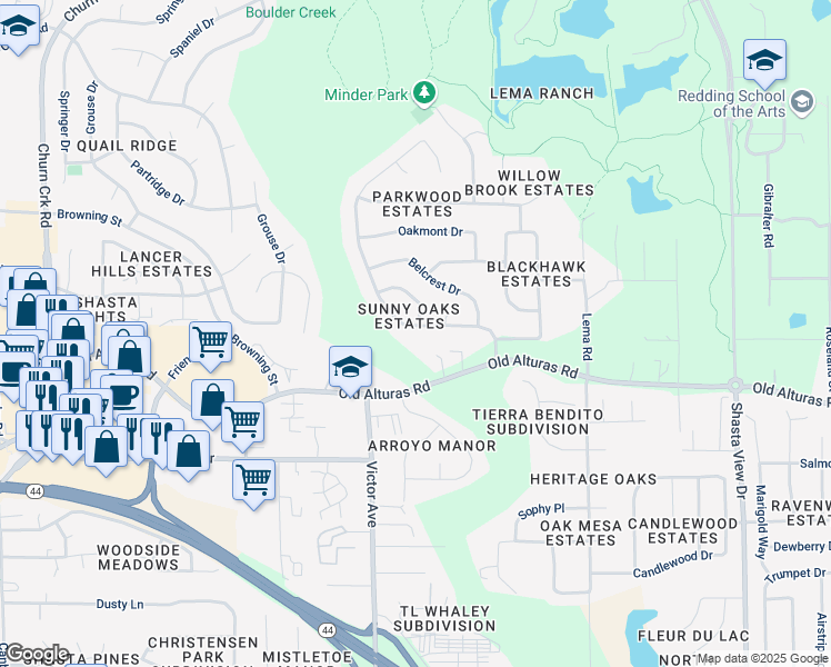 map of restaurants, bars, coffee shops, grocery stores, and more near 1160-1198 Kirkwood Circle in Redding