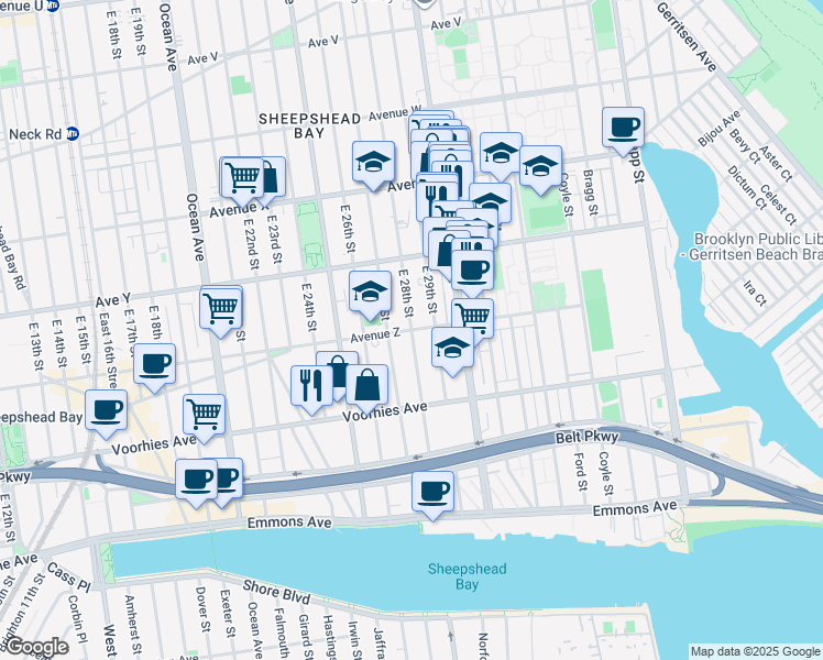 map of restaurants, bars, coffee shops, grocery stores, and more near East 28th Street & Avenue Z in Brooklyn