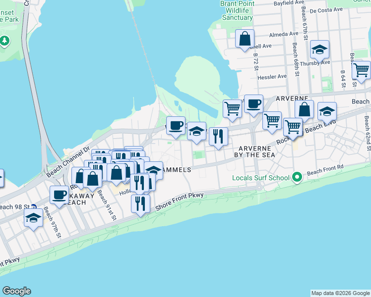 map of restaurants, bars, coffee shops, grocery stores, and more near 2-60 Beach 81st Street in Queens