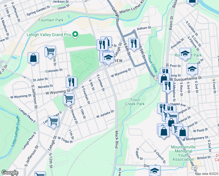 map of restaurants, bars, coffee shops, grocery stores, and more near 1102 South 8th Street in Allentown