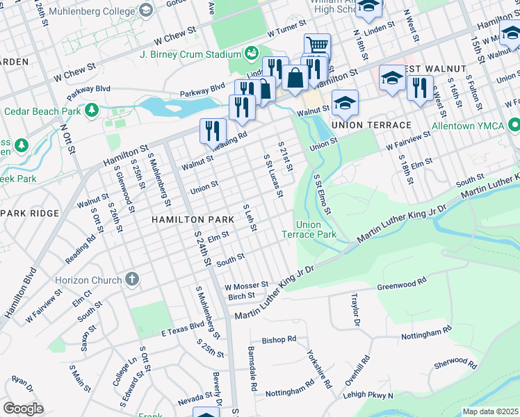 map of restaurants, bars, coffee shops, grocery stores, and more near 318 South 22nd Street in Allentown