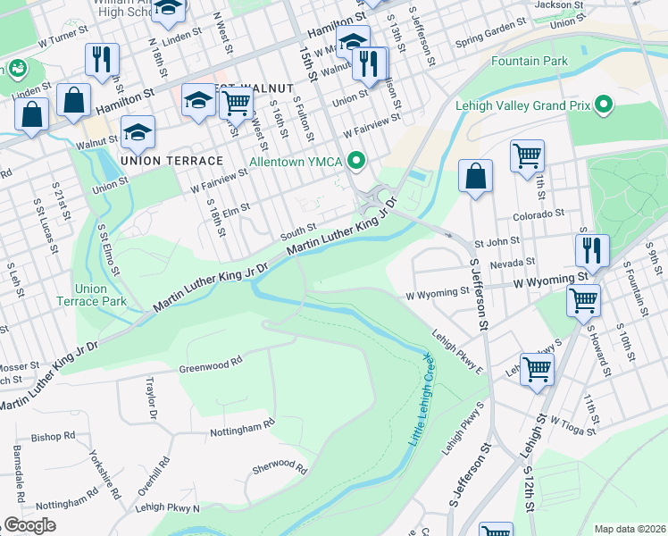 map of restaurants, bars, coffee shops, grocery stores, and more near 1625 Lehigh Parkway East in Allentown
