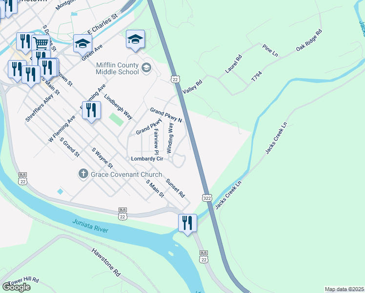 map of restaurants, bars, coffee shops, grocery stores, and more near 6 Summit Manor in Lewistown
