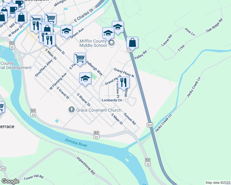 map of restaurants, bars, coffee shops, grocery stores, and more near 5 Fairview Place in Lewistown