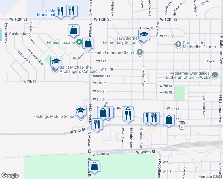 map of restaurants, bars, coffee shops, grocery stores, and more near 2401-2699 West 7th Street in Hastings
