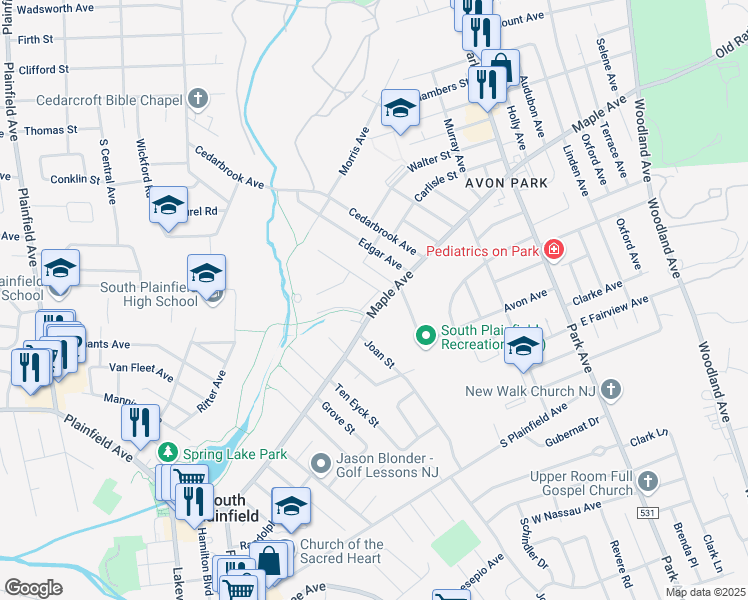 map of restaurants, bars, coffee shops, grocery stores, and more near 127 Daniel Street in South Plainfield
