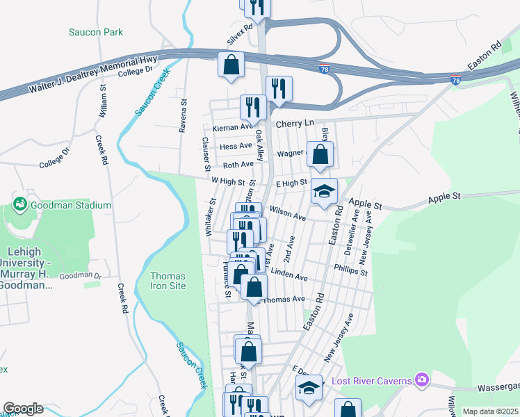 map of restaurants, bars, coffee shops, grocery stores, and more near 1384 Main Street in Hellertown
