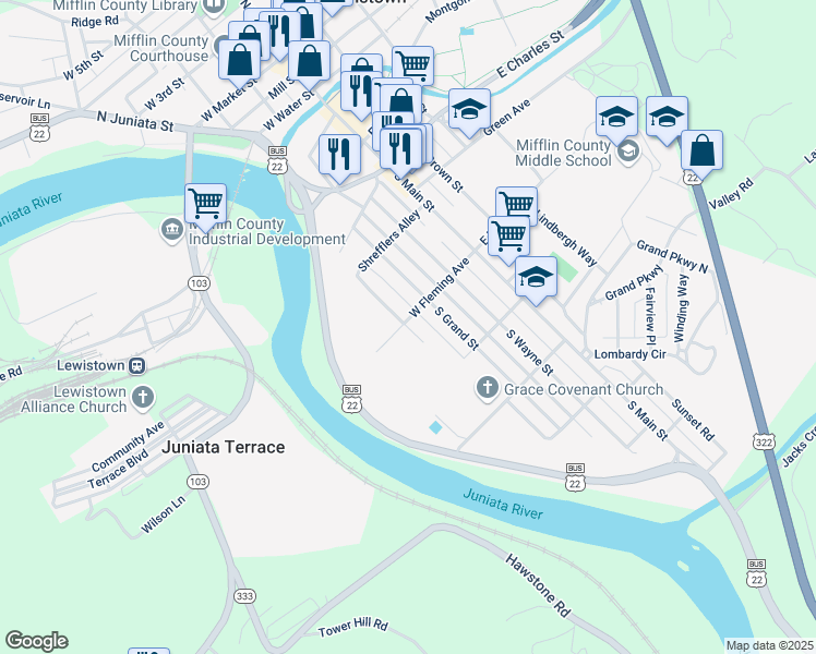 map of restaurants, bars, coffee shops, grocery stores, and more near 517 South Juniata Street in Lewistown