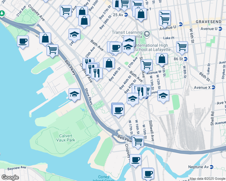 map of restaurants, bars, coffee shops, grocery stores, and more near 207 Bay 44th Street in Brooklyn