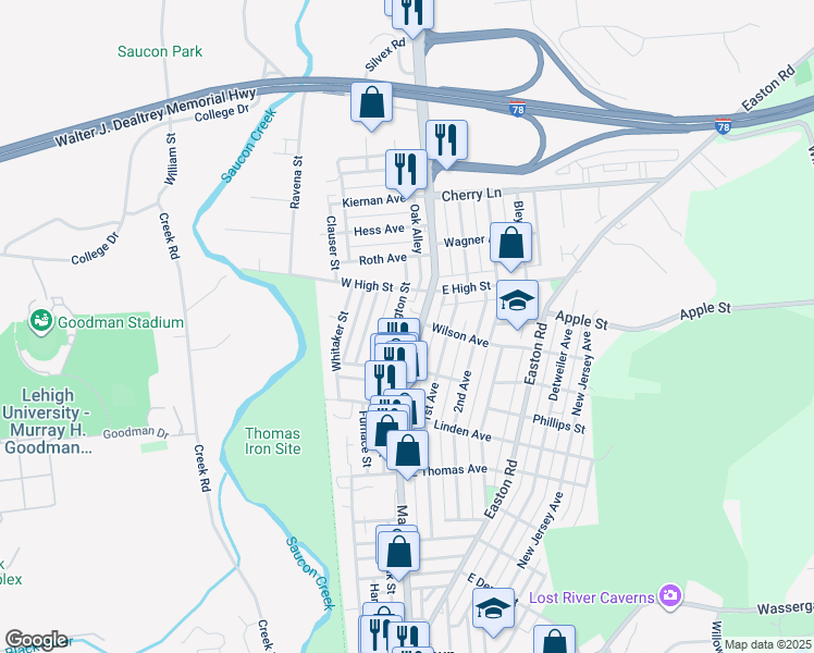 map of restaurants, bars, coffee shops, grocery stores, and more near 1382 Main Street in Hellertown
