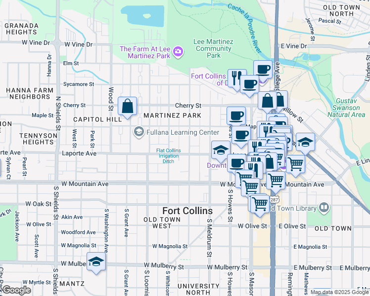 map of restaurants, bars, coffee shops, grocery stores, and more near 205 North Sherwood Street in Fort Collins