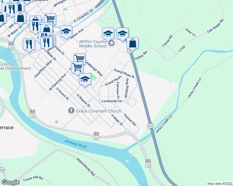 map of restaurants, bars, coffee shops, grocery stores, and more near 5 Fairview Place in Lewistown