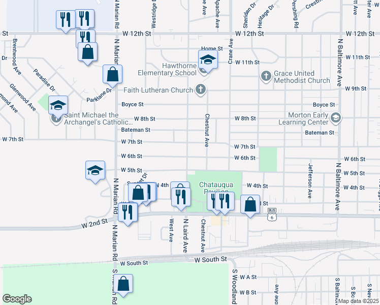 map of restaurants, bars, coffee shops, grocery stores, and more near 2309 West 7th Street in Hastings