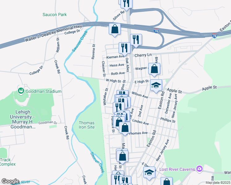 map of restaurants, bars, coffee shops, grocery stores, and more near 1395 Jefferson Street in Hellertown
