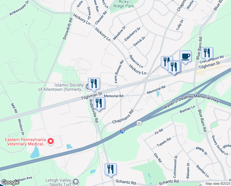 map of restaurants, bars, coffee shops, grocery stores, and more near 6427 Memorial Road in Allentown