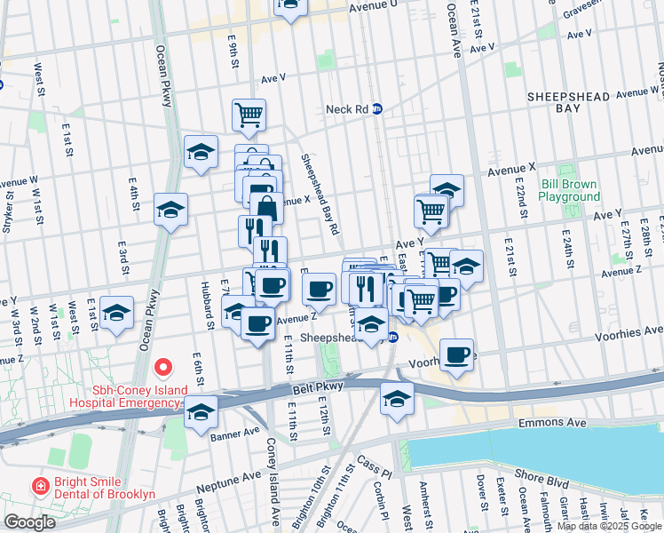 map of restaurants, bars, coffee shops, grocery stores, and more near 1230 Avenue Y in Brooklyn